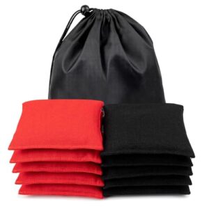 10 Stück Cornhole Säckchen Set in Rot und Schwarz, ideal für Kinder und Spaßspiele im Freien, in einer praktischen Aufbewahrungstasche.