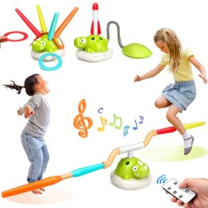 Kinder spielen mit einem 3 in 1 Outdoor Spielzeug, das ein Ringwurfspiel, eine Seilspringmaschine und einen Schaumraketen Launcher umfasst. Die fröhlichen Kinder springen und interagieren mit dem bunten Spielzeug in einer lebhaften Spielumgebung.