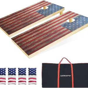 3x2FT Cornhole Set mit Holzspielbrettern im amerikanischen Flaggen-Design und 8 bunten Säckchen für das Bean Bag Toss Spiel.