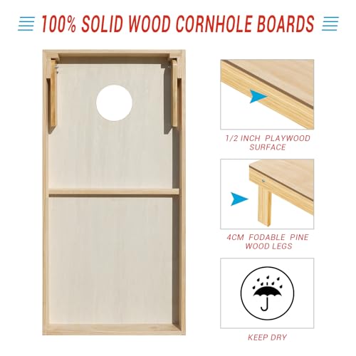 4×2FT Cornhole Set aus massivem Kiefernholz mit stabilen klappbaren Beinen und einem runden Ausschnitt für das Spiel. Inklusive Bohnenbags und Scoreboard, ideal für Gartenpartys und Familienaktivitäten.