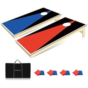 Premium 4x2FT Cornhole Set mit blauen und roten Cornhole Boards, ausgestattet mit 8 bunten Bean Bags und Tragetasche für Outdoor-Spiele.