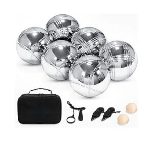 Hochwertiges 6-teiliges Boules-Set aus rostfreiem Edelstahl mit polierten Kugeln, inklusive Tragetasche und Zubehör wie Abstandsmesser und Zielkugeln, ideal für Outdoor-Spiele im Garten.