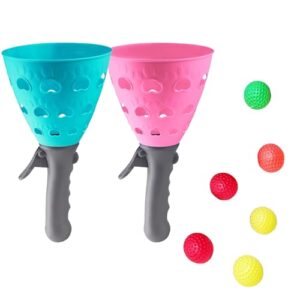 ABERE Catch Ball Game Set mit zwei Fangbechern in Türkisblau und Pink sowie zehn bunten Bällen für aktives Spielvergnügen drinnen und draußen.