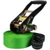 ALPIDEX Slackline 15 m für Anfänger und Fortgeschrittene in grün mit robuster Ratsche und hochwertigem Nylonband, ideal zum Balance-Training und sicheren Transport.
