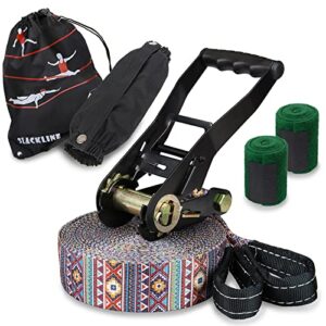ALPIDEX Slackline Set mit 15 m Länge, Baumschutz und Ratschenschutz für Kinder und Anfänger, ideal für Gleichgewichtstraining im Freien.