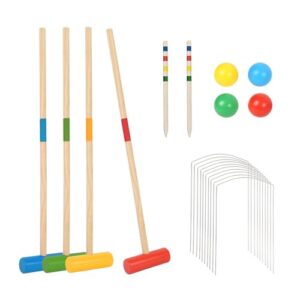 Ansobea Krocket Spiel Set für 2-4 Spieler, bestehend aus Holzschlägern, farbigen Bällen und Metalltoren für ein unterhaltsames Gartenspiel für die ganze Familie.