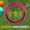 Bunter Apollo Superfly Wurfring in leuchtend rosa mit schwarzer Umrandung, umgeben von einer grünen Rasenfläche, ideal für Outdoor-Spiele und Spaß für Kinder und Erwachsene.