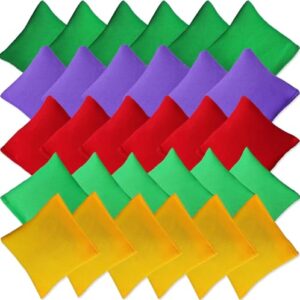 Fünfzehn bunte Nylon-Sitzsäcke in verschiedenen Farben, ideal für Wurfspiele und Partys, angeordnet auf einem strukturierten Hintergrund.