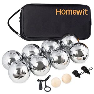 Hochwertiges Boccia Set mit 8 metallischen Boule Kugeln, 2 Holz Zielkugeln, Abstandsmesser und Tragetasche für spannende Outdoor-Spiele.