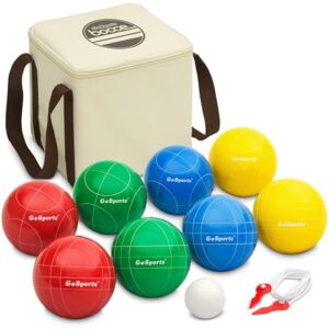 GoSports 90 mm Backyard Boccia-Set mit 8 bunten Kugeln, einem weißen Pallino und einer praktischen Tasche, geeignet für Spiele im Freien mit der Familie und Freunden.