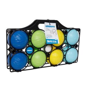 9-teiliges Boccia Spielset für Kinder, bestehend aus 8 farbigen Kunststoffkugeln und einer Zielkugel, verpackt in einem stabilen Tragekoffer für draußen.