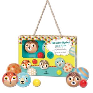 Farbenfrohes Boule Holzspielset für Kinder mit 6 bunten Spielkugeln und 2 Zielkugeln in einer ansprechenden Verpackung, ideal für Outdoor-Aktivitäten und Familienunterhaltung.