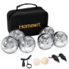 Boule Set mit 6 metallischen Boule-Kugeln, 2 Holzkugeln und 2 Abstandsmessern in einer eleganten Tragetasche, ideal für Outdoor-Spiele.