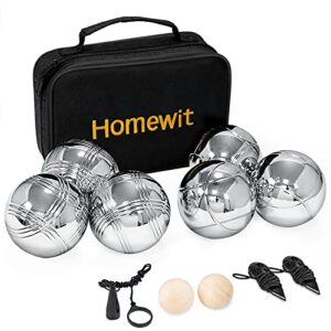 Boule Set mit 6 metallischen Boule-Kugeln, 2 Holzkugeln und 2 Abstandsmessern in einer eleganten Tragetasche, ideal für Outdoor-Spiele.