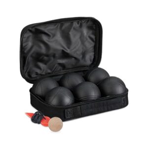 Boule-Set mit 6 schwarzen Metallkugeln, einer Zielkugel aus Holz und einem Abstandsmesser in einer Tragetasche, ideal für das Spiel im Freien.