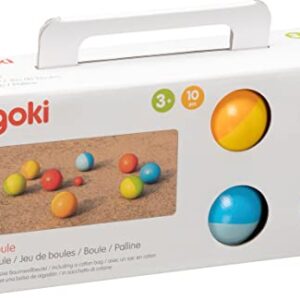 goki Boule-Spiel mit 9 bunten Holz-Kugeln im Baumwollbeutel, ein ideales Outdoor-Familienspiel für Garten und Park.