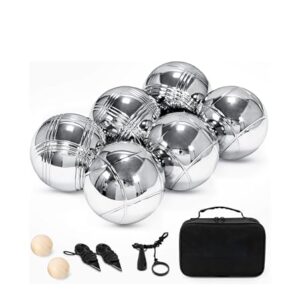 6-teiliges Boules-Set mit silbernen Stahlkugeln und Zubehör für das Spiel Boule oder Pétanque in robuster Tragetasche.