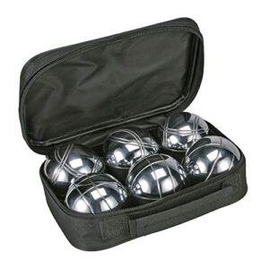 Bouleset Boccia Set mit 6 Metallkugeln, verpackt in einer schwarzen Tragetasche aus strapazierfähigem Material, ideal für Boule- und Petanque-Spiele im Freien.
