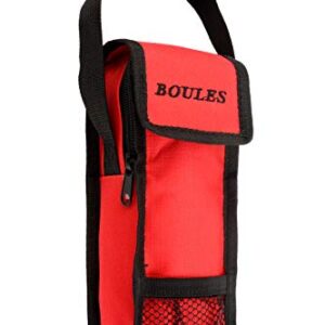 Praktische rote Bouletasche für den sicheren Transport von drei Boules, ausgestattet mit Reißverschluss und Klettverschluss, ideal für Boulespieler.