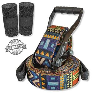 BUZZARD Ethno Slackline-Set 15 m mit buntem geometrischem Muster und robusten Baumschonern, ideal für Outdoor-Abenteuer und nachhaltiges Training.
