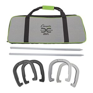 Champion Sports Elite Hufeisen-Set in Schwarz, Silber und Grün, inklusive Tragetasche und Stahlpfählen für das Hufeisenwerfen.
