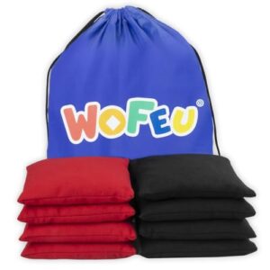 Cornhole Säckchen Set mit 8 Wurfsäckchen in Rot und Schwarz und praktischer Tragetasche für Outdoor-Spiele, ideal für Familienaktivitäten und Partys.