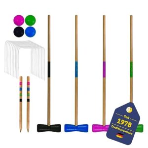 BEST SPORTING Crocket Set für Erwachsene und Kinder, bestehend aus bunten Holzschlägern, farbigen Kugeln und stabilen Metalltoren, ideal für Outdoor-Spiele im Garten oder Park.