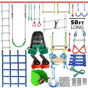 Dripex Ninja Warrior Hindernisparcours für Kinder mit 15m Slackline und verschiedenen bunten Hindernissen für Outdoor-Training und Spiel im Garten.