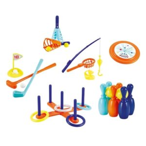Buntes Ecoiffier Spielzeugset mit Sport- und Geschicklichkeitsspielen für Kinder ab 36 Monaten, inklusive Golf, Krocket, Frisbee, Ringwurf und mehr.