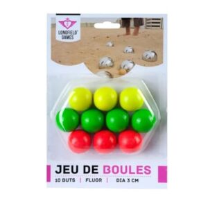 Engelhart Boule-Bälle Set mit 10 fluoreszierenden Kugeln in rot, gelb und grün für Wettkämpfe, ideal für Outdoor-Spiele.