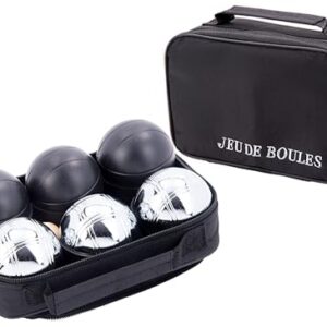 Engelhart Boules-Spiel Set mit 6 hochwertigen Boules in eleganten Farben, verpackt in einer schwarzen Tragetasche, ideal für 2 Spieler ab 6 Jahren.