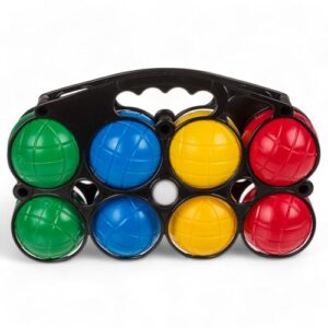 MIJOMA Boccia Spiel-Set mit 8 leuchtenden Kunststoffkugeln in rot, grün, blau und gelb, inklusive Tragekorb, ideal für Strand und Garten