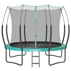 Federloses Trampolin mit Sicherheitsnetz und Reißverschluss für Kinder im Garten, Ø 305 cm, seeblau, geräuscharm, mit elastischen Seilen.