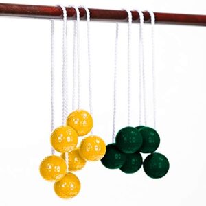 Set von sechs Leiterball Bolas in grün und gelb, ideal für Outdoor-Aktivitäten und Freizeitspiele.