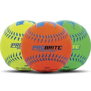 Drei bunte Neon Gummibälle in Gelb, Orange und Grün, ideal für Teeball-Spiele, mit einem strukturierten Muster und dem Schriftzug 'PROBRITE'.