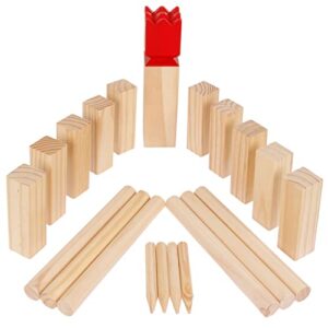 FunTomia Spiel Groß - 30 cm König Wurfspiel aus Holz für verschiedene Outdoor Aktivitäten und familienfreundlichen Gartenspaß. Das Bild zeigt eine strukturierte Anordnung von Holzspielsteinen, einschließlich eines zentralen roten Spielsteins mit Zackenkrone.