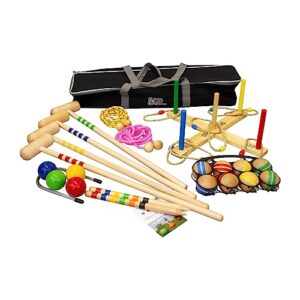 GICO Gartenspiele Set für Gartenpartys und Kindergeburtstage mit Krocket, Boccia, Ringwurfspiel und Springseilen in praktischer Transporttasche.