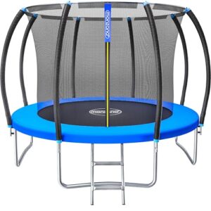 Rundes Gartentrampolin mit 305 cm Durchmesser, ausgestattet mit Sicherheitsnetz, Leiter und Randabdeckung, TÜV Rheinland GS zertifiziert.