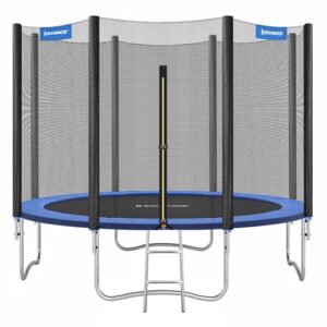 Blaues Gartentrampolin mit einem Durchmesser von 305 cm, ausgestattet mit einem Sicherheitsnetz und einer Leiter, ideal für Kinder und Familienaktivitäten im Freien.