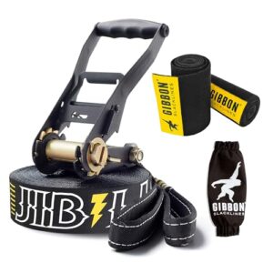 Gibbon JibLine 15m Trickline Set für Slacklining mit einer schwarzen Slackline, metallener Spannvorrichtung und Zubehörteilen, optimal designed für Freestyler und Adrenalinjunkies.