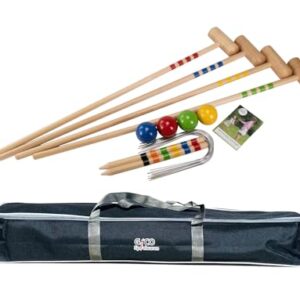 GICO Qualitäts Krocketspiel Set für 4 Spieler mit Holzkugeln, Krocket-Schlägern und Transporttasche auf neutralem Hintergrund präsentiert.