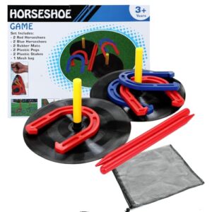 Gummi-Hufeisen-Set mit vier Hufeisen, zwei Gummimatten und Zubehör für drinnen und draußen, ideal für Familienaktivitäten und Spiele im Hinterhof oder am Strand.