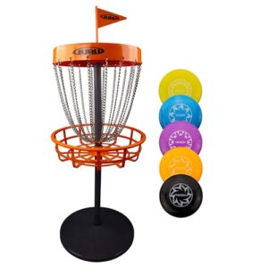 Guru Disc Golf Mini Basket Set - Miniaturkorb mit bunten Mini-Discs für drinnen und draußen. Perfekt für Freizeit und Spielspaß mit Familie und Freunden.