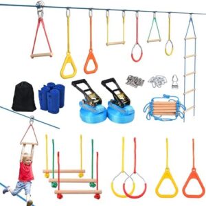 Hapfan Slackline Set für Kinder mit Seilrolle, Klettergerüst, Kletterstangen und Turnringen in bunten Farben, ideal für motorische Fähigkeiten und Outdoor-Spaß.