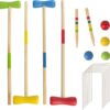 WOODENFUN Holz Krocket Set für 4 Spieler mit bunten Schlägern, Kugeln und Toren, ideal für Garten- und Familienspiele.