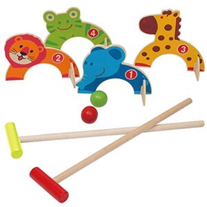 Holz Krocket Set für Kinder mit bunten Tierfiguren, Schlägern und Bällen, ideal für Spielspaß im Freien.