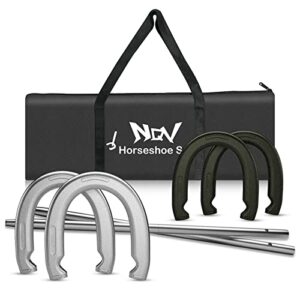 NQV Hufeisen-Outdoor-Spiel Set mit vier Stahl-Hufeisen in Silber und Schwarz, zwei Stahlpfählen und Transportbeutel für Outdoor-Aktivitäten.