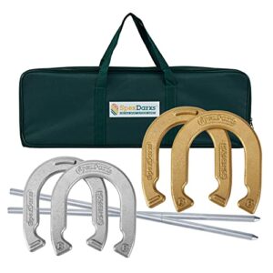 Hufeisen-Set für draußen mit goldenen und silbernen Hufeisen, Metallstangen und Tragetasche, ideal für Freizeitaktivitäten im Freien.