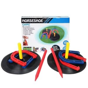 Hufeisen Wurfspiel Set für Indoor und Outdoor mit 2 Pfosten, Gartenpflöcken und farbigen Gummihufeisen in ansprechender Verpackung