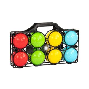 Idena Boccia Spielset mit 8 bunten Kugeln in Rot, Gelb, Blau und Grün, Zielkugel und Tragekorb für Outdoor-Aktivitäten im Garten oder Park.